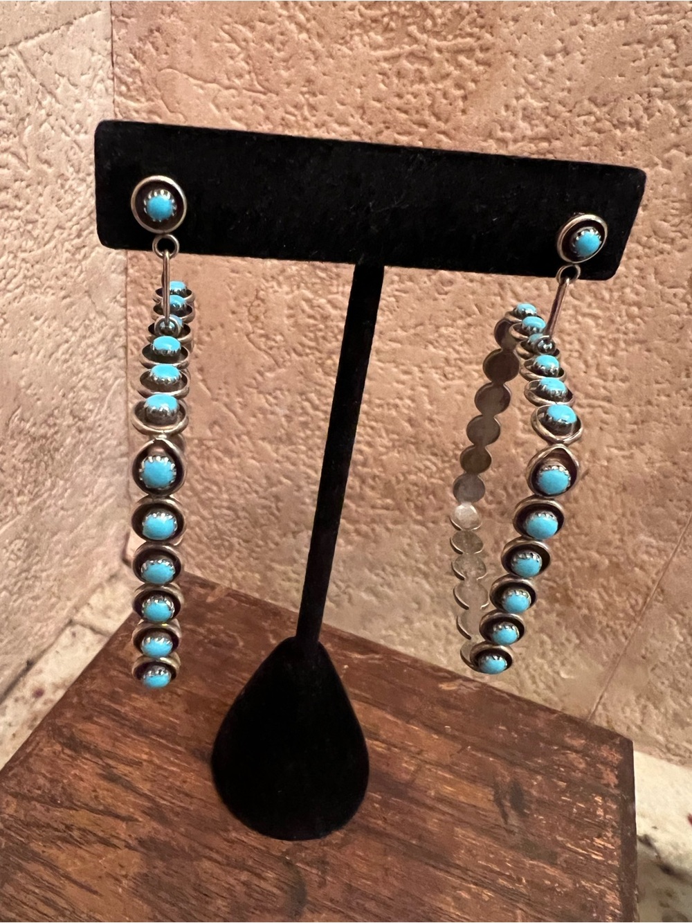 Vtg Zuni Turquoise Sterling Silver Snake Eye Square Hoop Dangle Earrings 925
